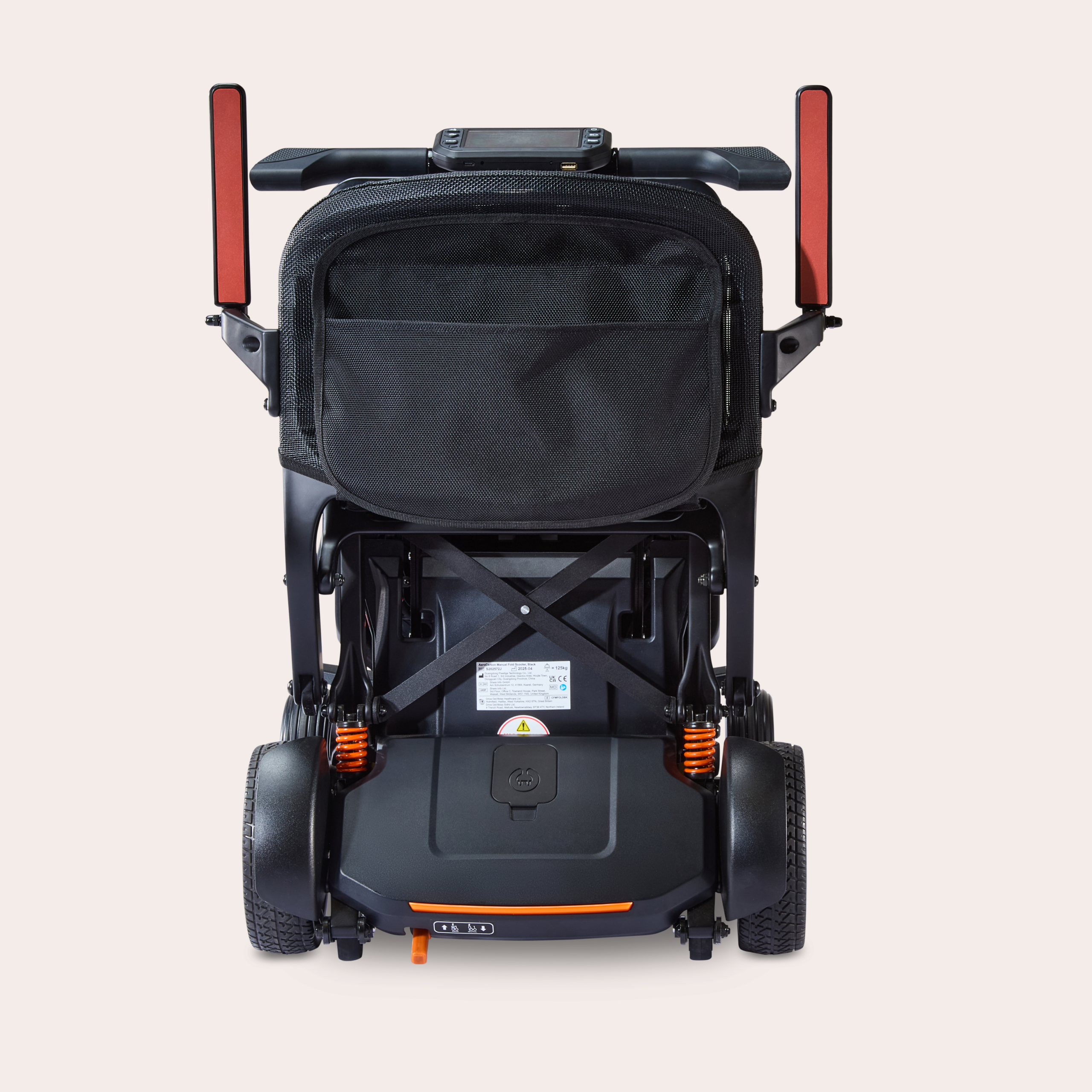 Rear view of standing folded Humfree carbon scooter