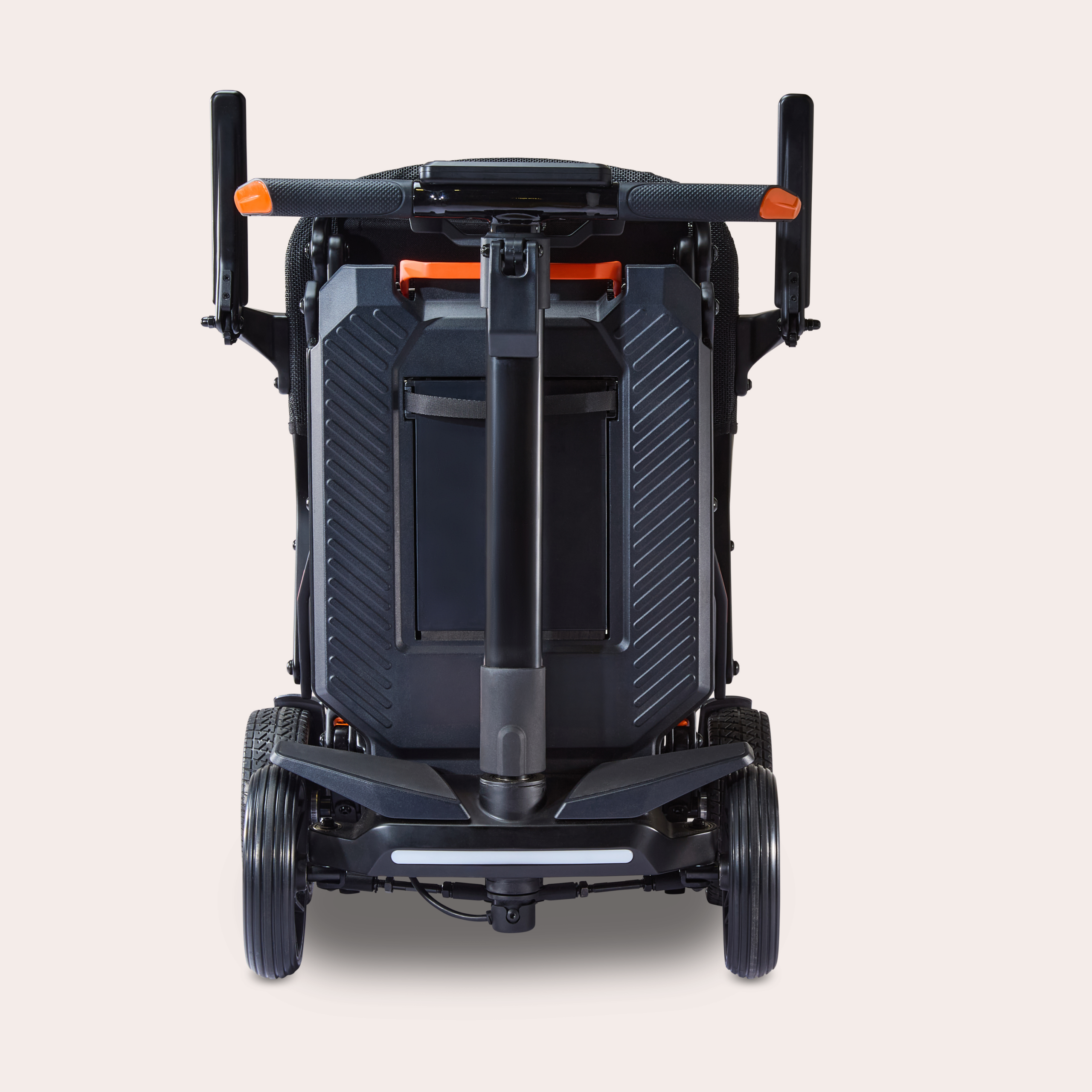Front view of standing folded Humfree carbon scooter
