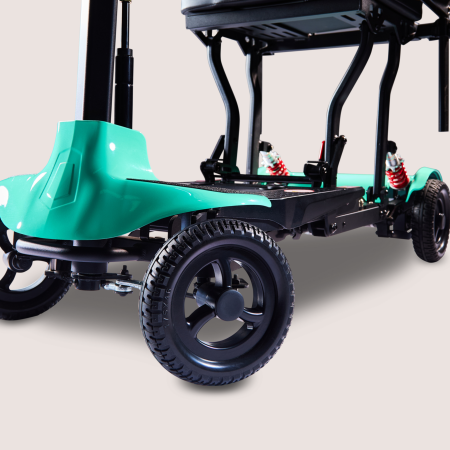 Close up of the teal Humfree fold scooter wheels
