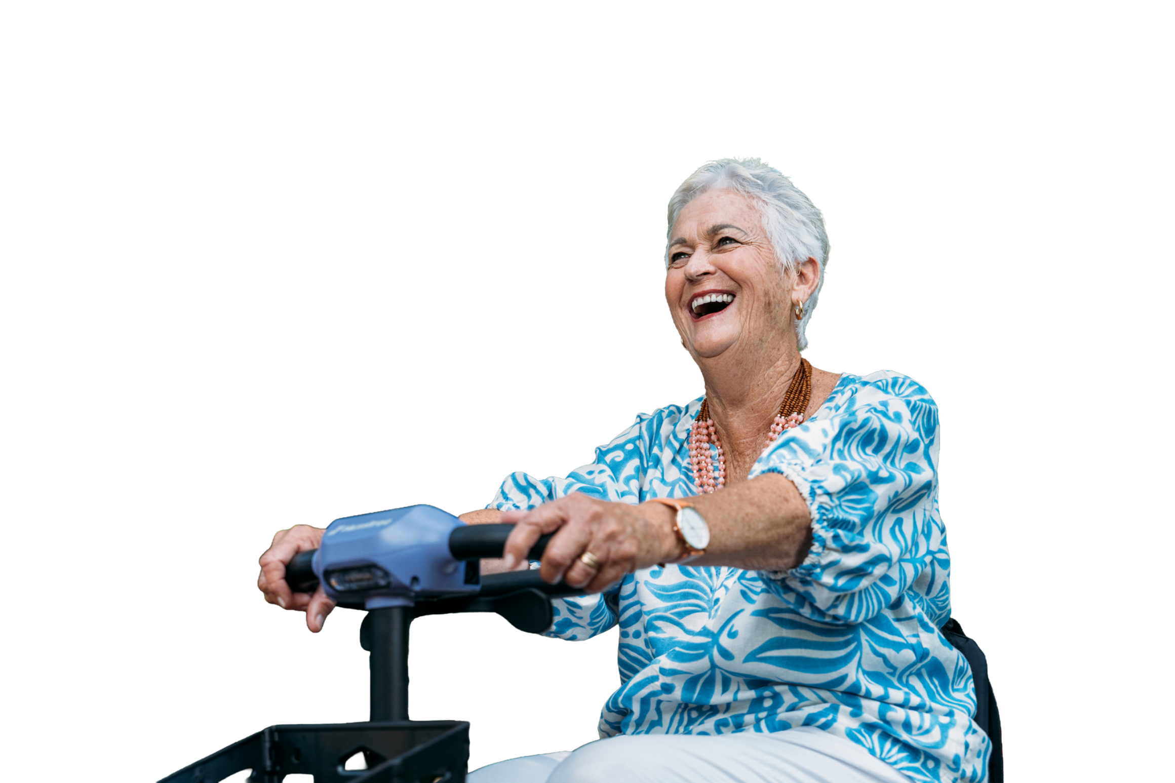 Older woman wearing a bright blue shirt laughing as she rides amethyst Humfree lite scooter