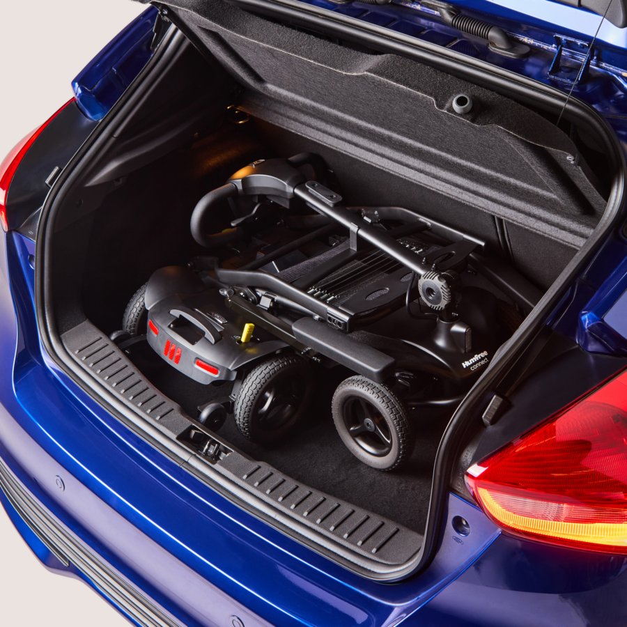 Charcoal Humfree connect scooter in open boot