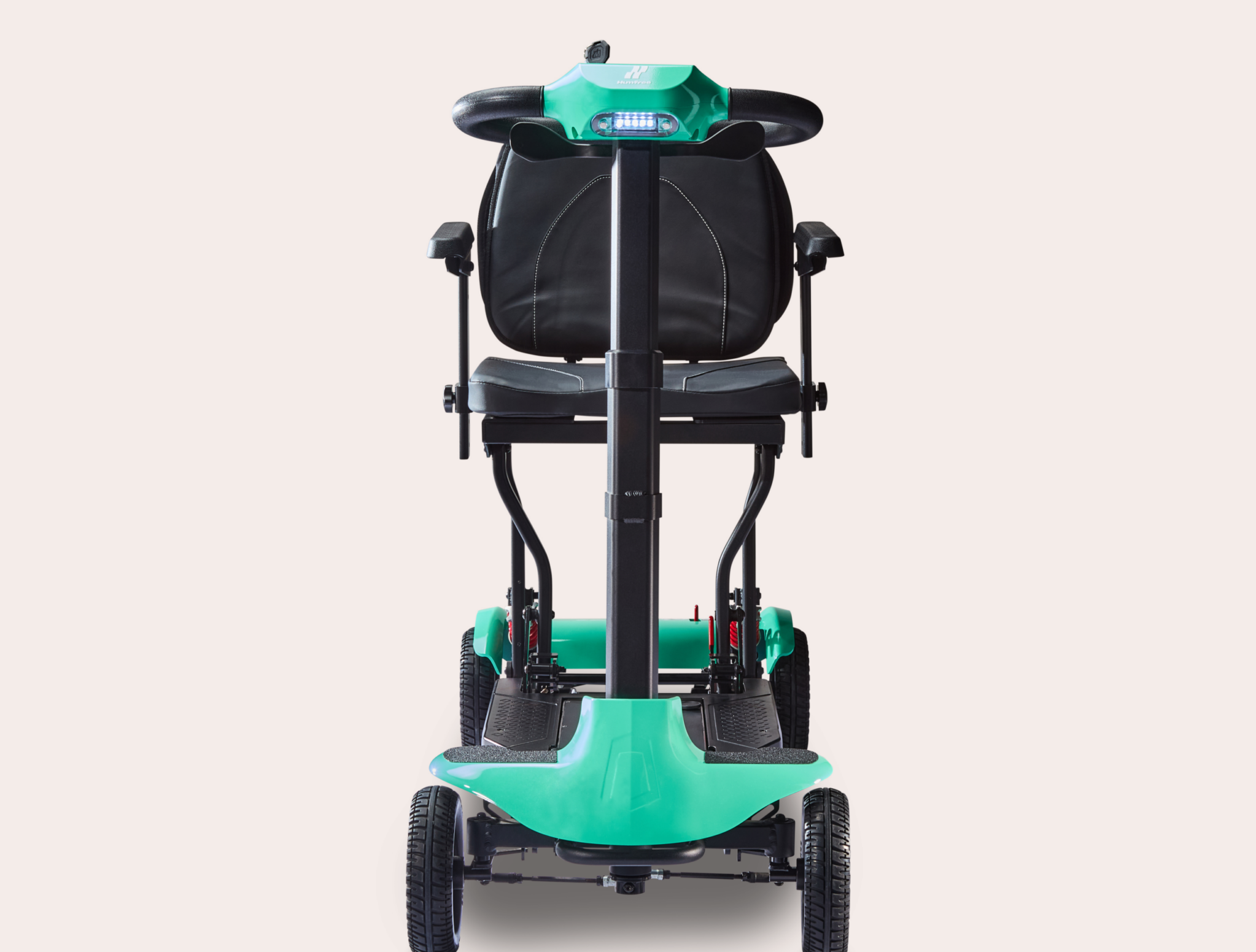 Front view of teal Humfree fold scooter