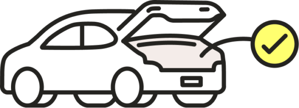 Icon of an open car boot with an arrow and a yellow tick pointing towards it