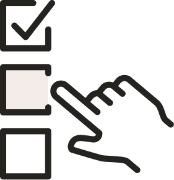 Black and white icon of a persons hand hovering over a checklist